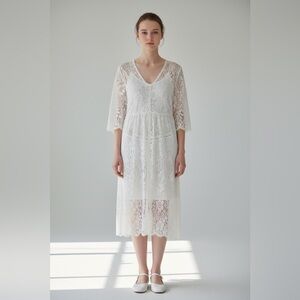 Vintage White Lace V-Neck Midi Dress Bridal Cottagecore layers